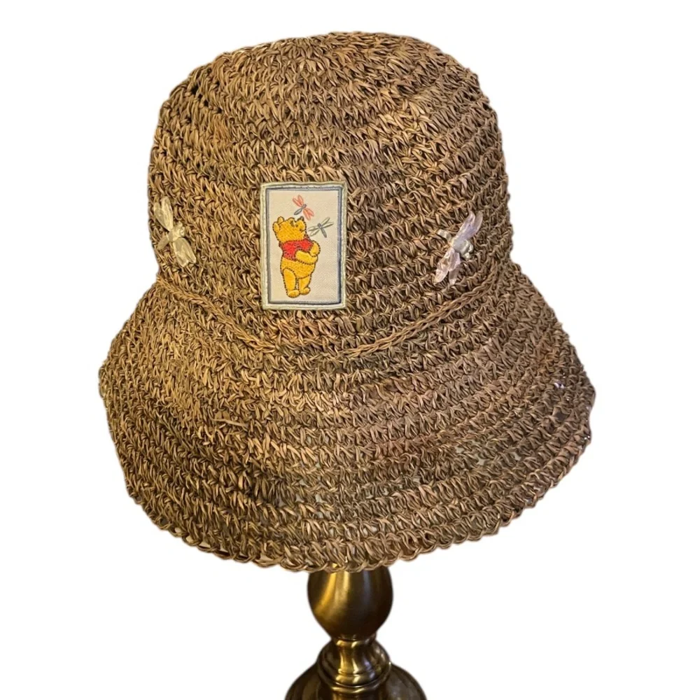 Disney Winnie the Pooh Patch Sun Bucket Woven Dragonfly Brim Straw Hat
